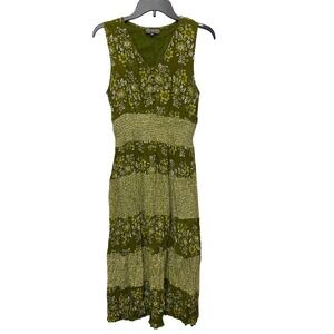 Vintage Y2K Floral Milkmaid Dress Sleeveless Smocked Waist Casual Green Midi M